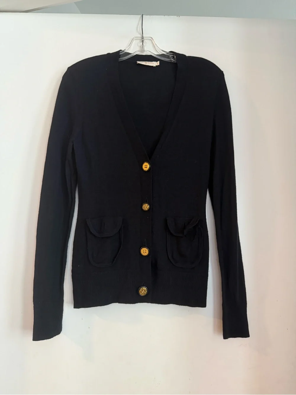Tory Burch V Neck Gold Button Merino Wool Cardigan Size S